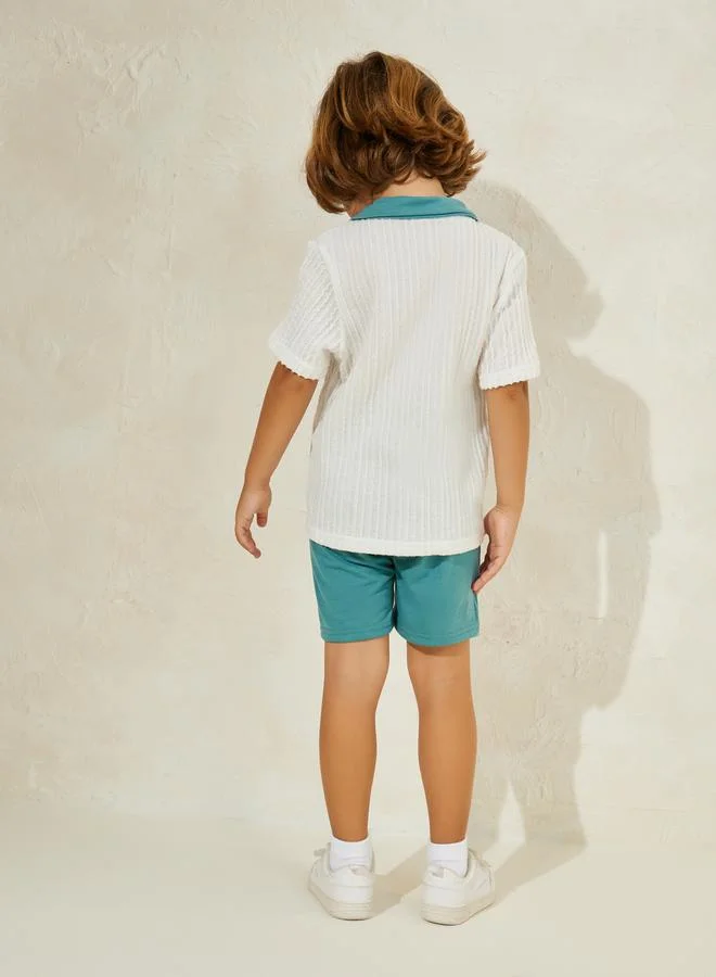 Styli Textured Rib Knit Polo T-Shirt & Shorts Set