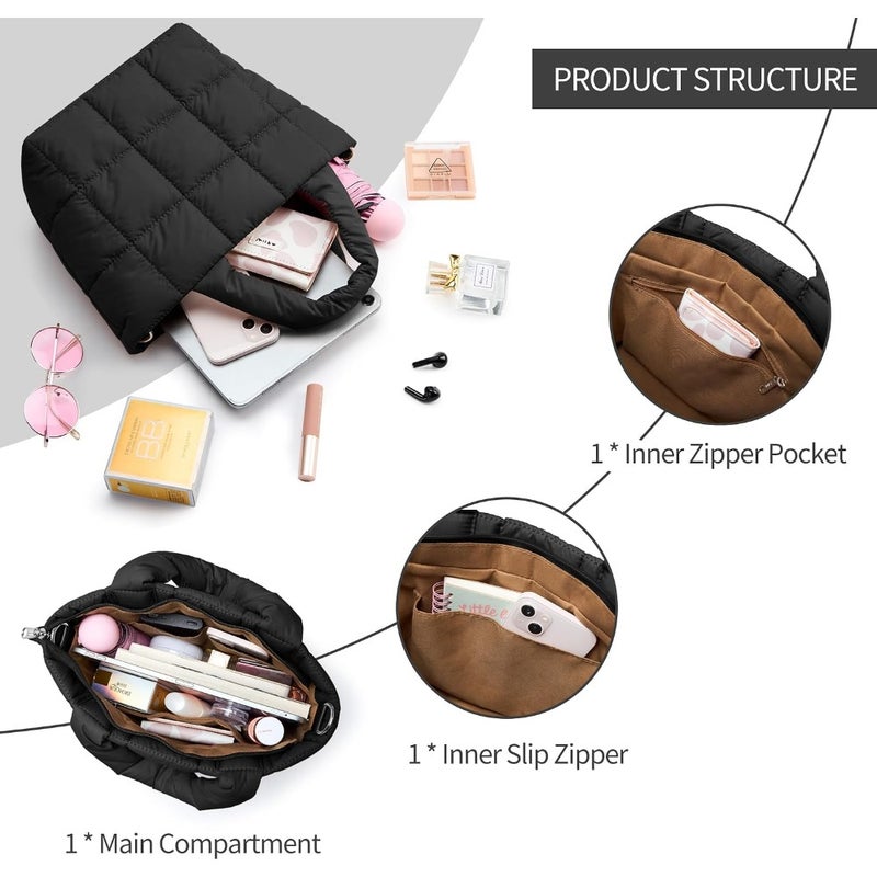 Crossbody bags for women: lightweight nylon quilted puffer tote with adjustable strap, black travel purse and small wallet handbag - Image 4