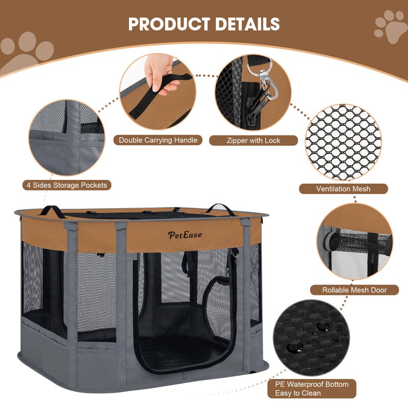 PETEASE Portable Cat Playpen with Litter Box, Cat Enclosure for Camping, Cat Recovery Playpen After Surgery, Foldable Indoor Outdoor Pet Tent for Cats Rabbits Puppies (Brown) - Image 4