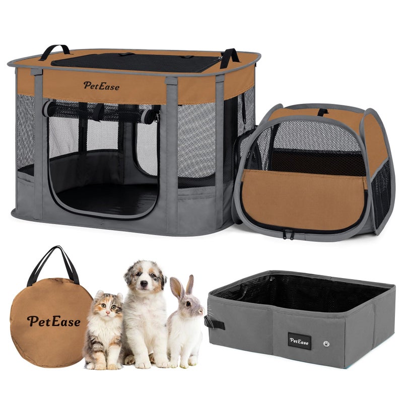 PETEASE Portable Cat Playpen with Litter Box, Cat Enclosure for Camping, Cat Recovery Playpen After Surgery, Foldable Indoor Outdoor Pet Tent for Cats Rabbits Puppies (Brown) - Image 1
