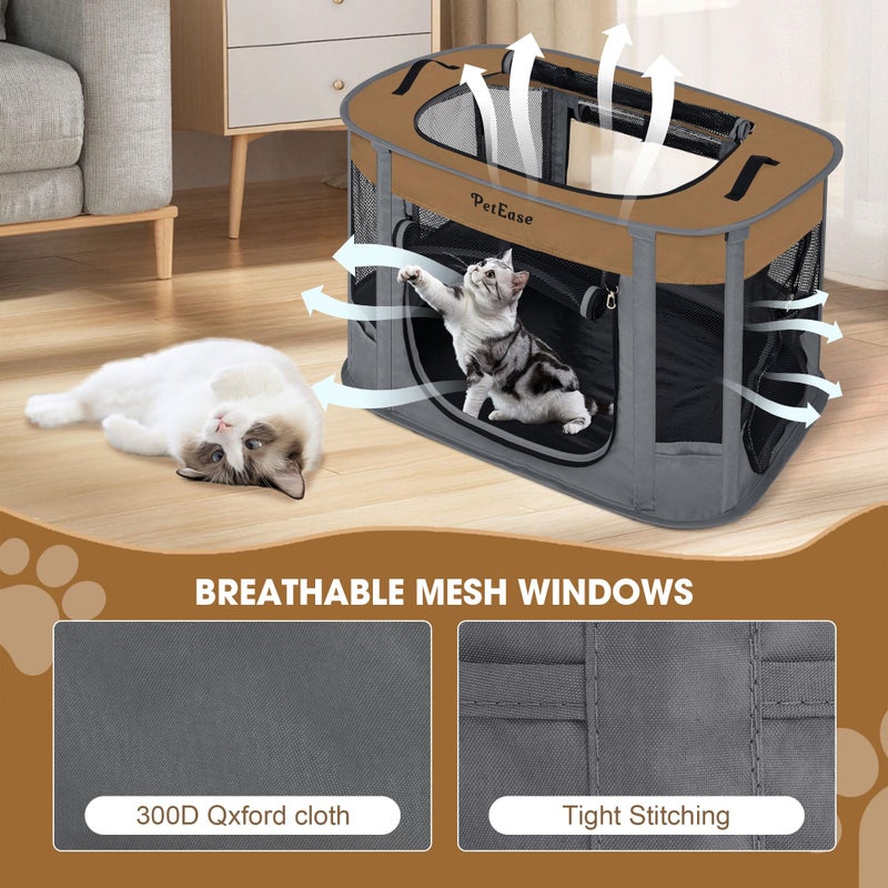 PETEASE Portable Cat Playpen with Litter Box, Cat Enclosure for Camping, Cat Recovery Playpen After Surgery, Foldable Indoor Outdoor Pet Tent for Cats Rabbits Puppies (Brown) - Image 2