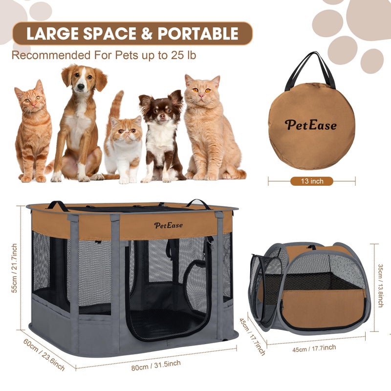 PETEASE Portable Cat Playpen with Litter Box, Cat Enclosure for Camping, Cat Recovery Playpen After Surgery, Foldable Indoor Outdoor Pet Tent for Cats Rabbits Puppies (Brown) - Image 3