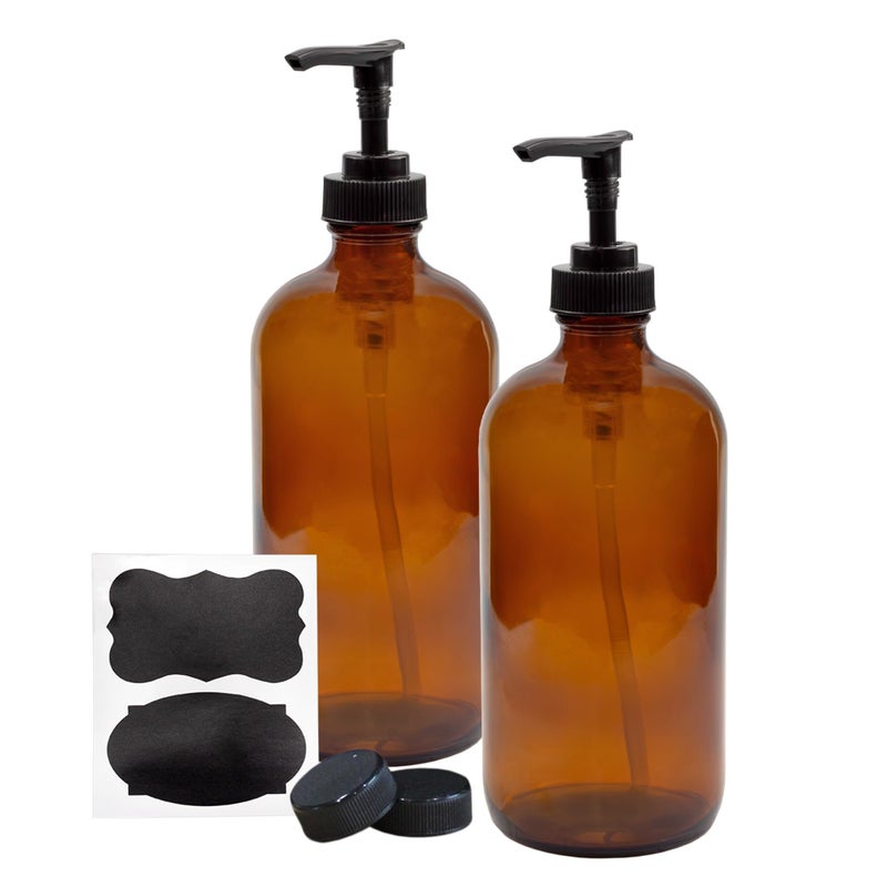 Cornucopia Brands 16oz Amber Glass Bottles w Pump Dispensers 2Pack Refillable Lotion Liquid Soap Pump Brown Bottles Labels BPAFree Plastic Tops