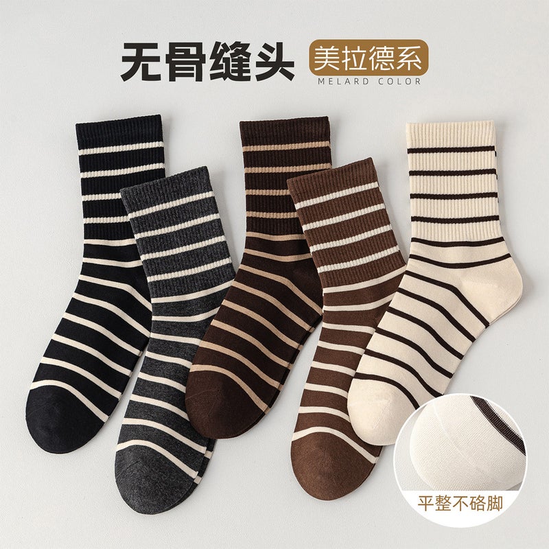 Socks Women'S Xinjiang Cotton Sweat-Absorbent Breathable Deodorant Anti-Pilling Anti-Heel Striped Socks Maillard Color Mid-Tube Socks - Image 3