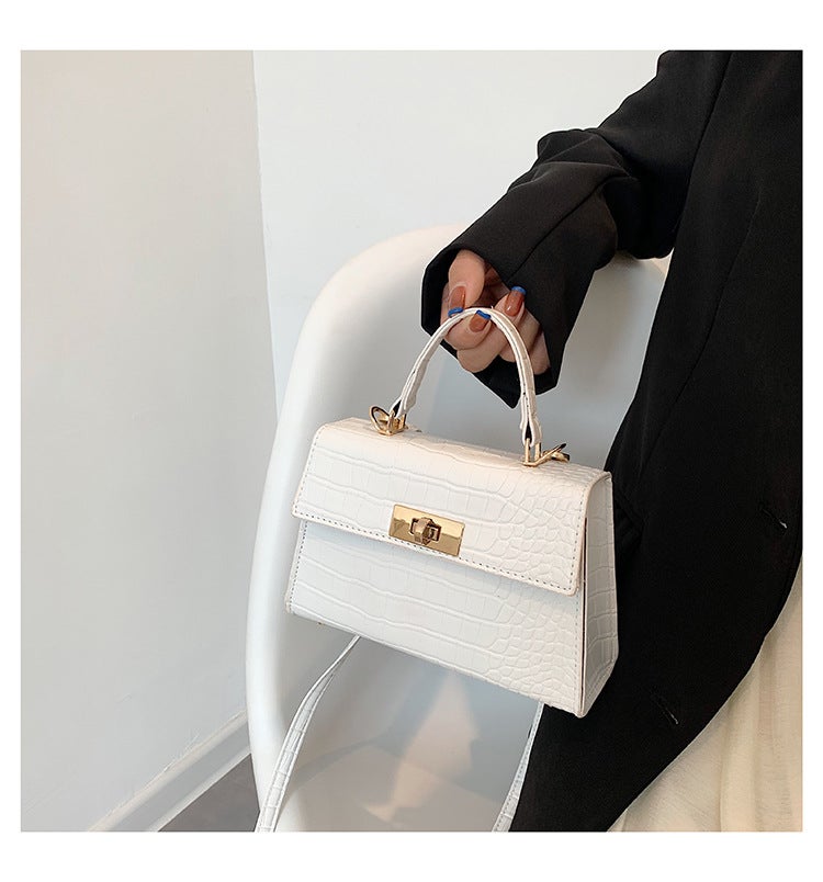 Bag Women'S New Style New Texture Stone Pattern Retro Shoulder Bag Rotating Lock Crossbody Handheld Small Square Bag White - Image 1