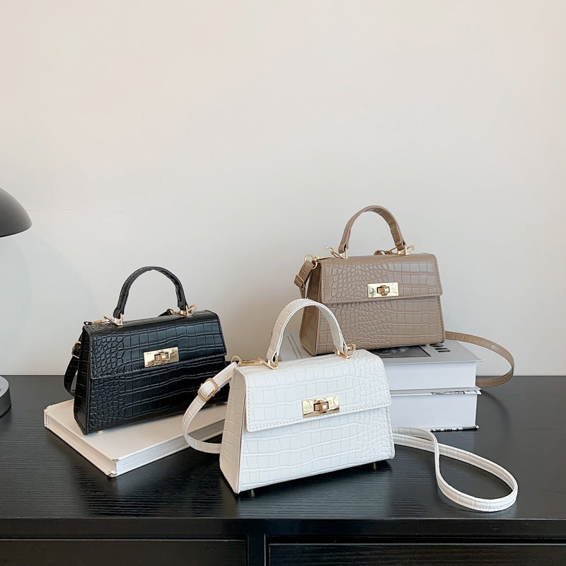 Bag Women'S New Style New Texture Stone Pattern Retro Shoulder Bag Rotating Lock Crossbody Handheld Small Square Bag White - Image 3