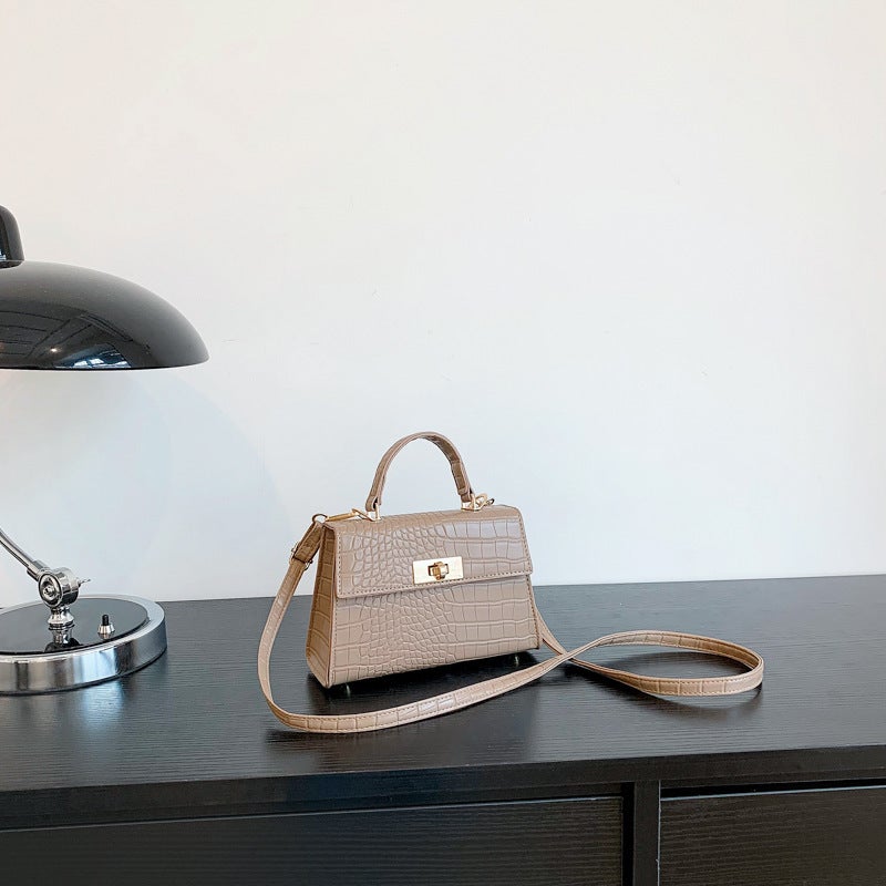 Bag Women'S New Style New Texture Stone Pattern Retro Shoulder Bag Rotating Lock Crossbody Handheld Small Square Bag White - Image 2