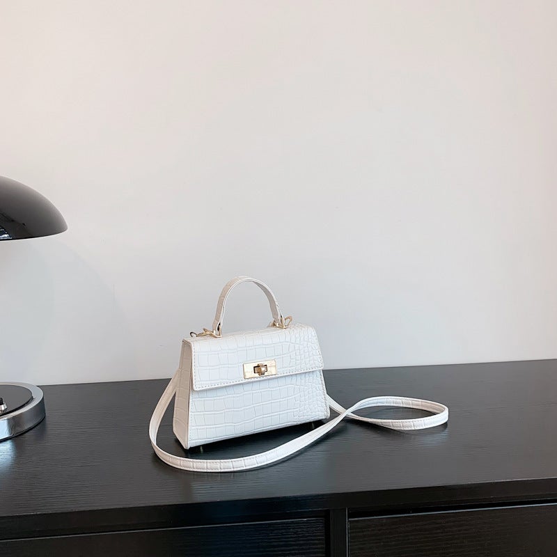 Bag Women'S New Style New Texture Stone Pattern Retro Shoulder Bag Rotating Lock Crossbody Handheld Small Square Bag White - Image 5
