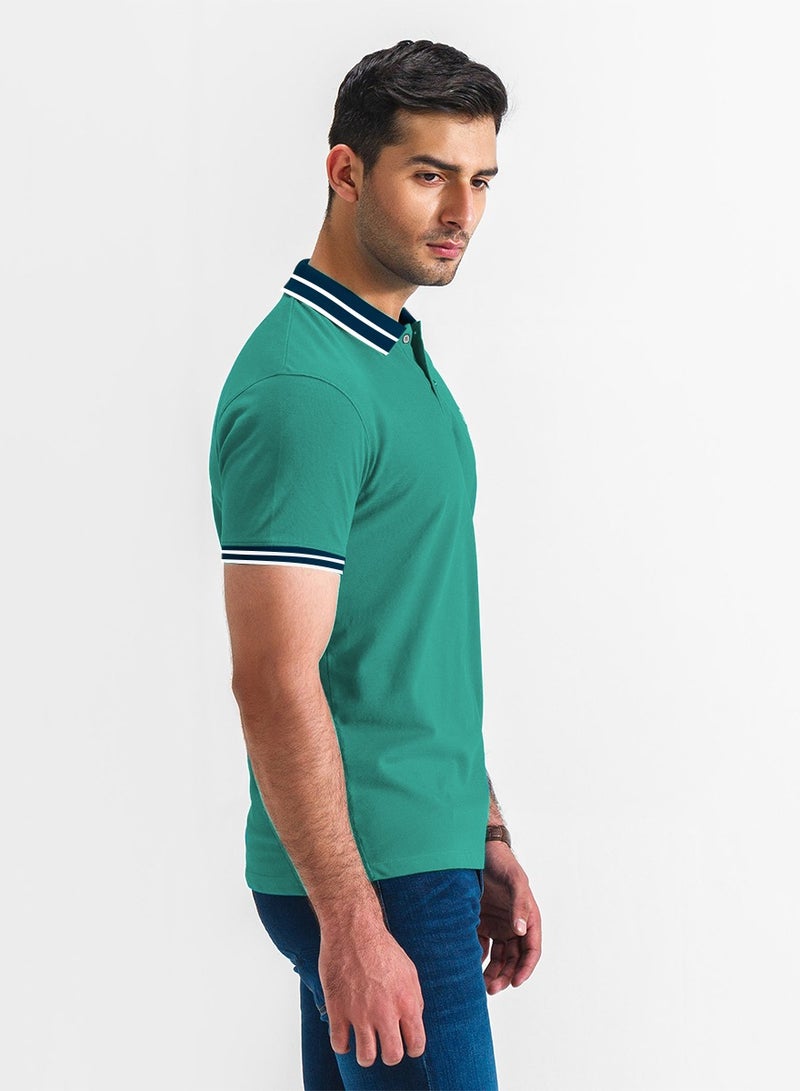 Finer Threads Green Men's Polo Shirt with Contrast Collar and Thin Stripes-Regular Fit (M) - Image 2