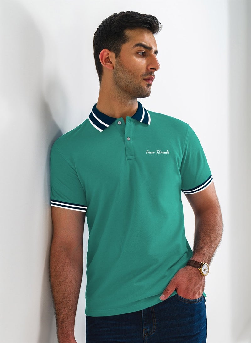Finer Threads Green Men's Polo Shirt with Contrast Collar and Thin Stripes-Regular Fit (M) - Image 3
