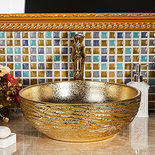 jdzlanwtart Gold Bathroom Vessel Sink Luxury Golden Round Bowl and Hand Carved Ceramic Countertop Wash Basin from Jingdezhen Porcelain - Image 2