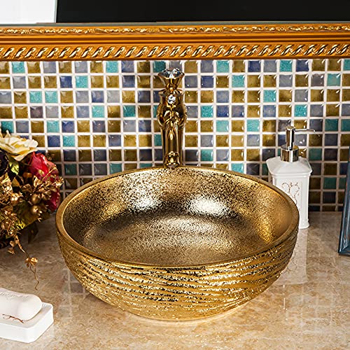 jdzlanwtart Gold Bathroom Vessel Sink Luxury Golden Round Bowl and Hand Carved Ceramic Countertop Wash Basin from Jingdezhen Porcelain - Image 3