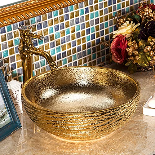 jdzlanwtart Gold Bathroom Vessel Sink Luxury Golden Round Bowl and Hand Carved Ceramic Countertop Wash Basin from Jingdezhen Porcelain - Image 1
