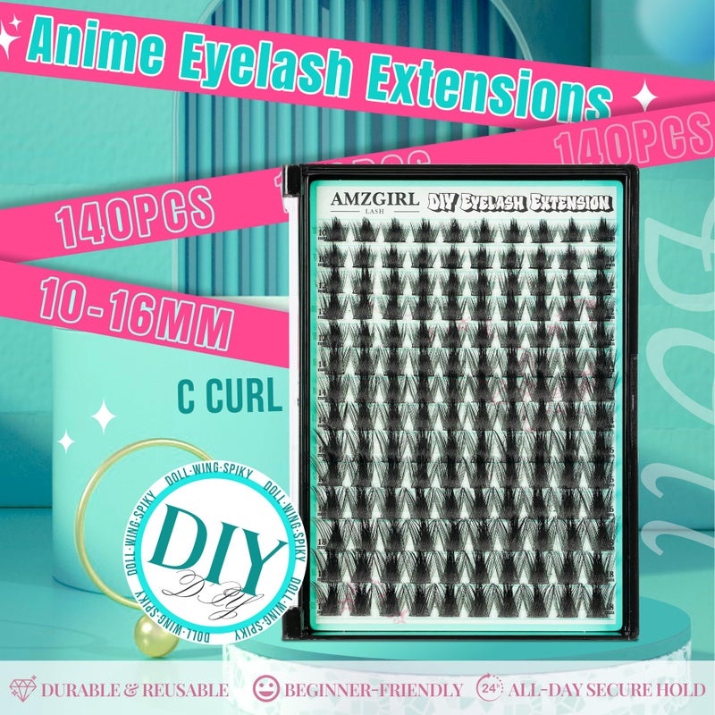 AMZGIRL LASH Manga Lash Clusters Fairy Eyelash Extension DIY 140pcs C Curl Anime Lashes Extensions Wispy Eyelashes Cluster with Thin Band Volume Individual Lashes False Eyelashes At Home (Doll, C-10-18mm) - Image 4