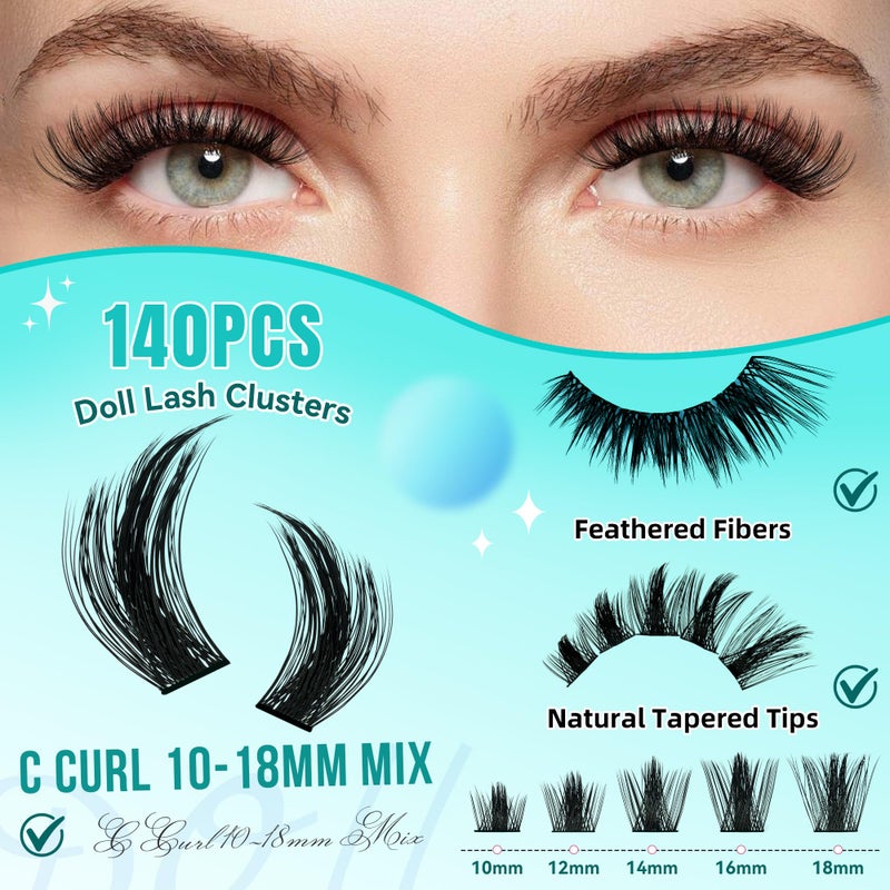 AMZGIRL LASH Manga Lash Clusters Fairy Eyelash Extension DIY 140pcs C Curl Anime Lashes Extensions Wispy Eyelashes Cluster with Thin Band Volume Individual Lashes False Eyelashes At Home (Doll, C-10-18mm) - Image 2