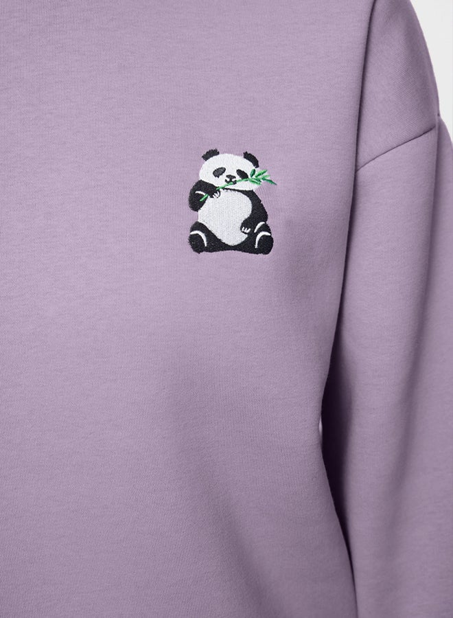 trendyol Lila Animal Embroidered Regular/Normal Fit Thick Inside Fleece Knitted Sweatshirt TWOAW24SW00196 - Image 4