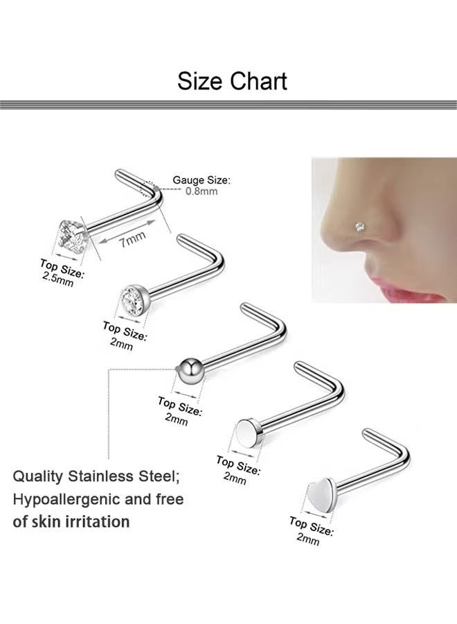 21PCS Nose Rings Hoop for Women and Men Surgical Steel Hypoallergenic L Shaped Nose Studs 8mm Hoop Nose Piercings Jewelry Silver - Image 2