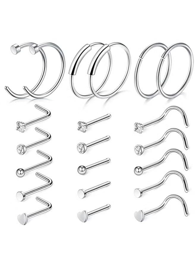 21PCS Nose Rings Hoop for Women and Men Surgical Steel Hypoallergenic L Shaped Nose Studs 8mm Hoop Nose Piercings Jewelry Silver - Image 1