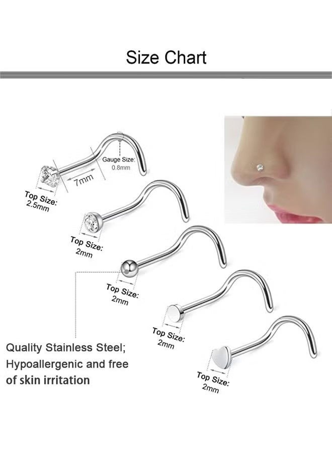 21PCS Nose Rings Hoop for Women and Men Surgical Steel Hypoallergenic L Shaped Nose Studs 8mm Hoop Nose Piercings Jewelry Silver - Image 3