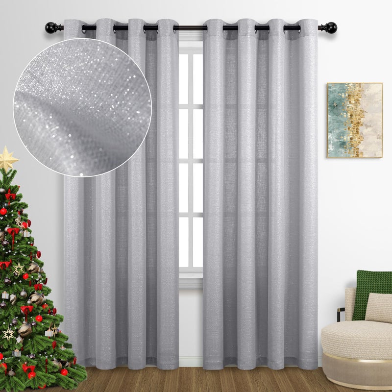 Silver Curtains 95 Inch Length for Living Room 2 Panels Set Grommet Semi Sheer Drapes Sparkle Glitter Glamour Shimmer Glitter Luxury Light Grey Modern Curtains for Bedroom Metallic Chic Design 95 Long