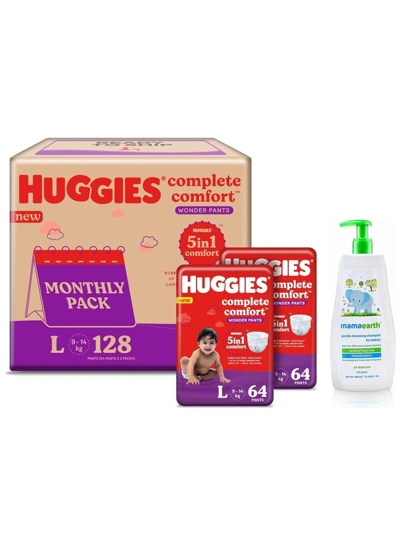 Huggies Complete Comfort Wonder Pants Large (L) Size Baby Diaper Pants Monthly Pack, 128 count, with 5 in 1 Comfort & Mamaearth Gentle Cleansing Natural Baby Shampoo, 400ml - Image 1