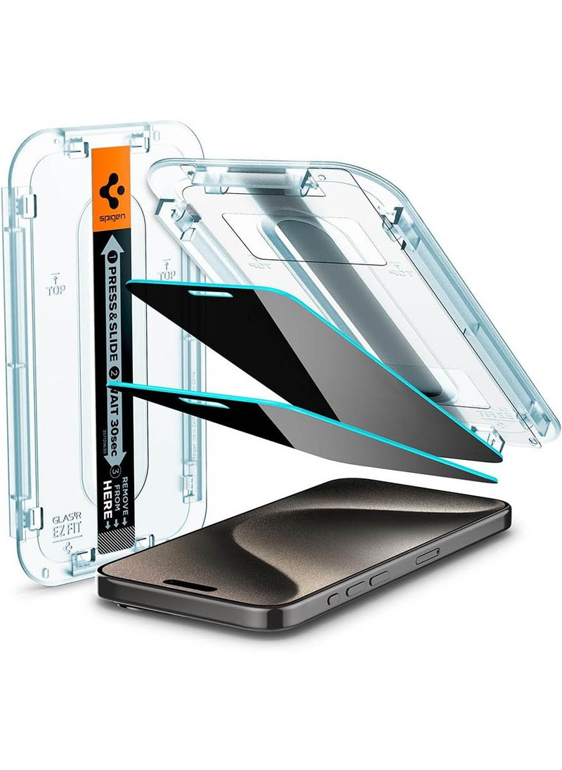Spigen - Glastr Ez Fit [Privacy] for iPhone 15 PRO MAX Privacy Screen Protector Premium Tempered Glass with Auto Align Technology - 2 PACK - Image 1