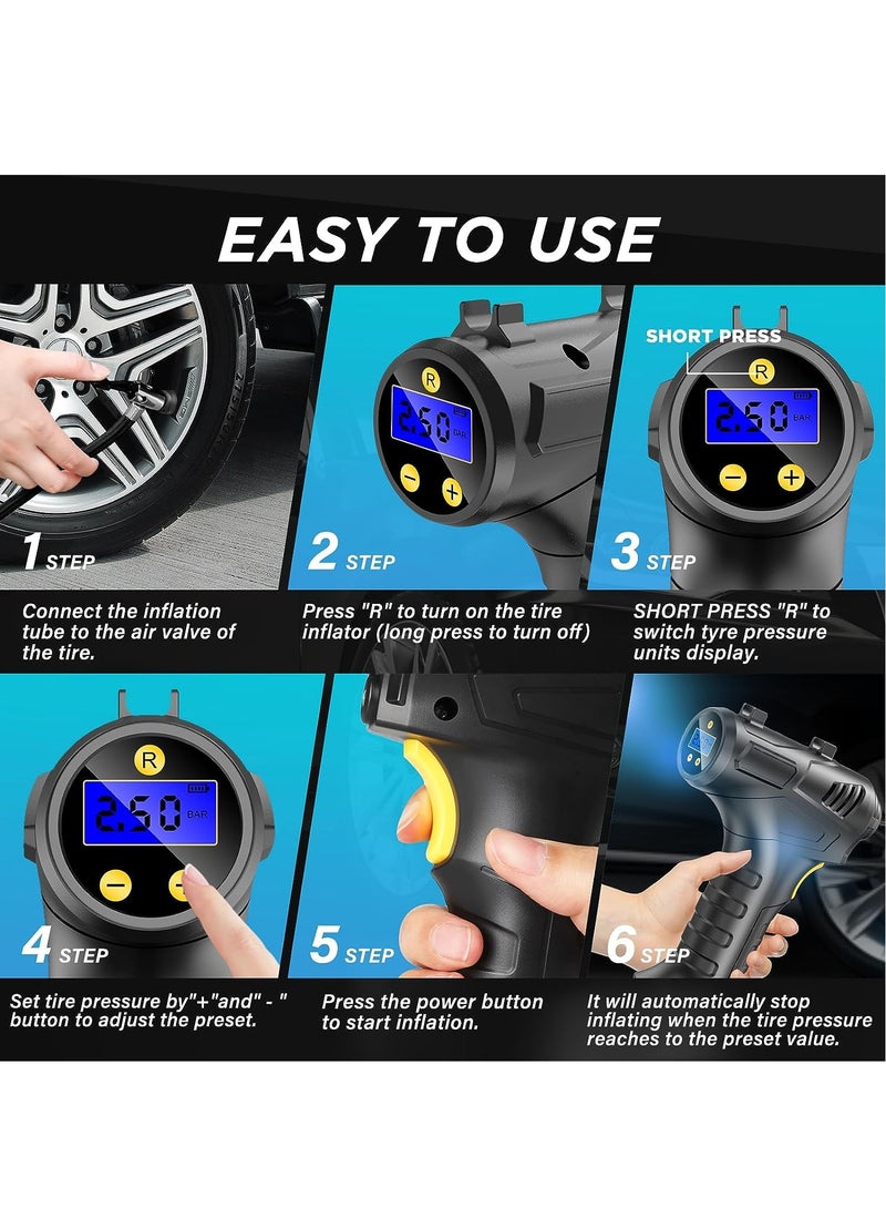 Cordless Tyre Inflator Air Compressor, 12V USB Rechargeable Battery Portable Car Tyre Pump Handheld Electric Digital Tyre Pump with LED Light and 3 Nozzle Adaptors for Car Motorcycle Bicycle - Image 3