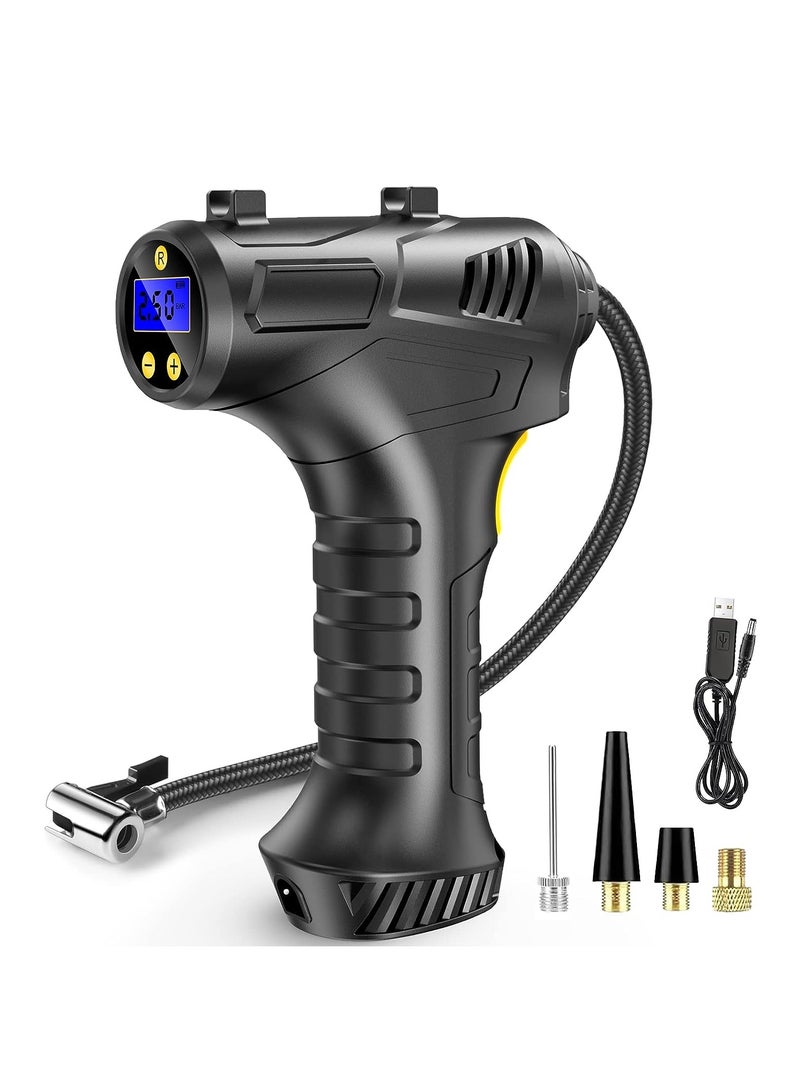 Cordless Tyre Inflator Air Compressor, 12V USB Rechargeable Battery Portable Car Tyre Pump Handheld Electric Digital Tyre Pump with LED Light and 3 Nozzle Adaptors for Car Motorcycle Bicycle - Image 1