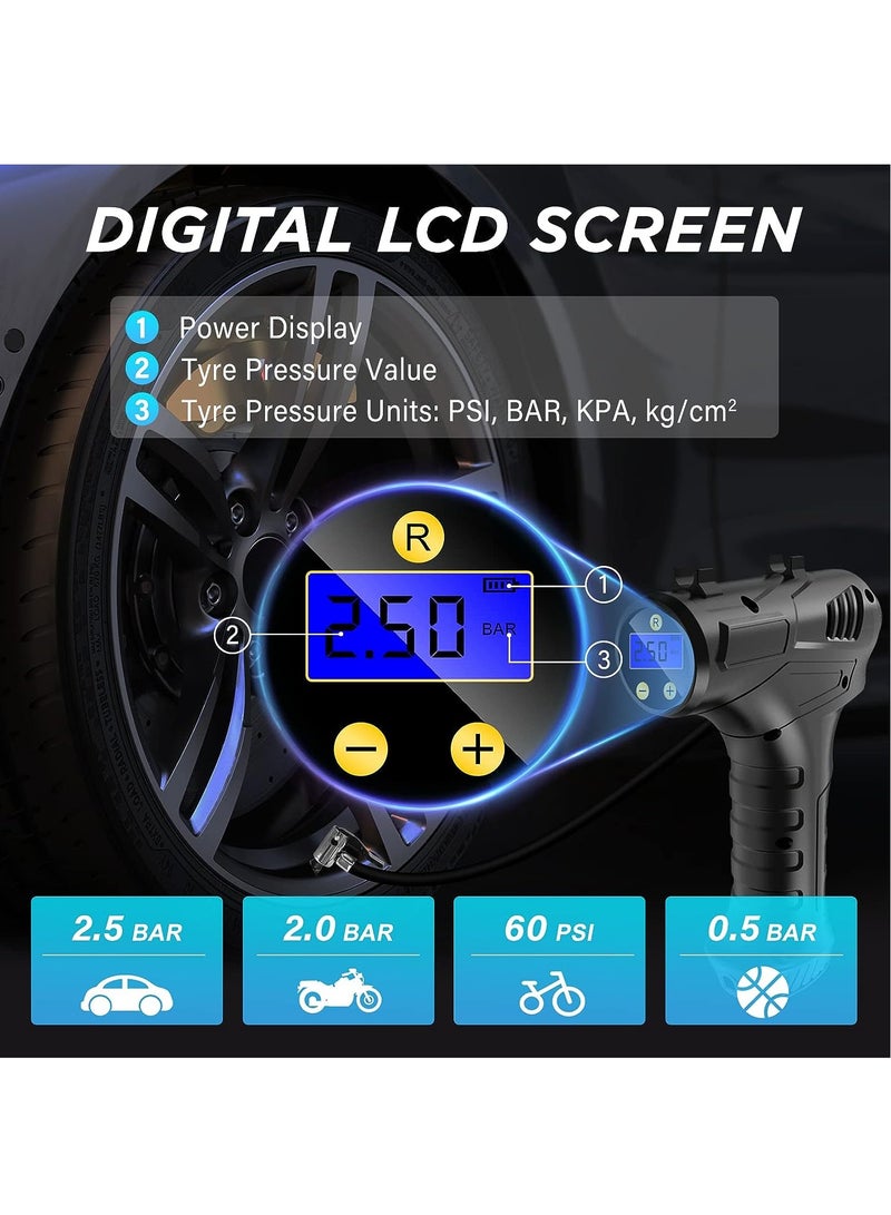 Cordless Tyre Inflator Air Compressor, 12V USB Rechargeable Battery Portable Car Tyre Pump Handheld Electric Digital Tyre Pump with LED Light and 3 Nozzle Adaptors for Car Motorcycle Bicycle - Image 2