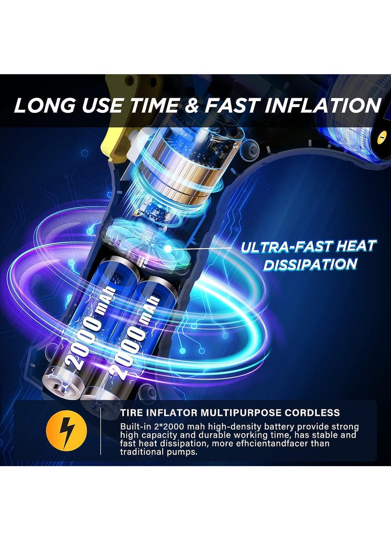 Cordless Tyre Inflator Air Compressor, 12V USB Rechargeable Battery Portable Car Tyre Pump Handheld Electric Digital Tyre Pump with LED Light and 3 Nozzle Adaptors for Car Motorcycle Bicycle - Image 4