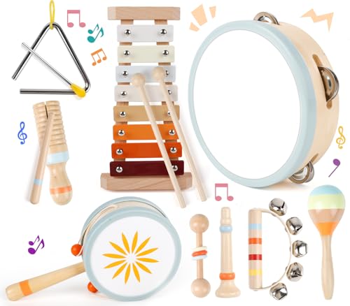 M SANMERSEN Wooden Toddler Musical Instruments Set 9PCS Kids Montessori Toys Baby Toys with Xylophone Drum Educational Gift for Ages 1 2 3 Year Olds - Image 1