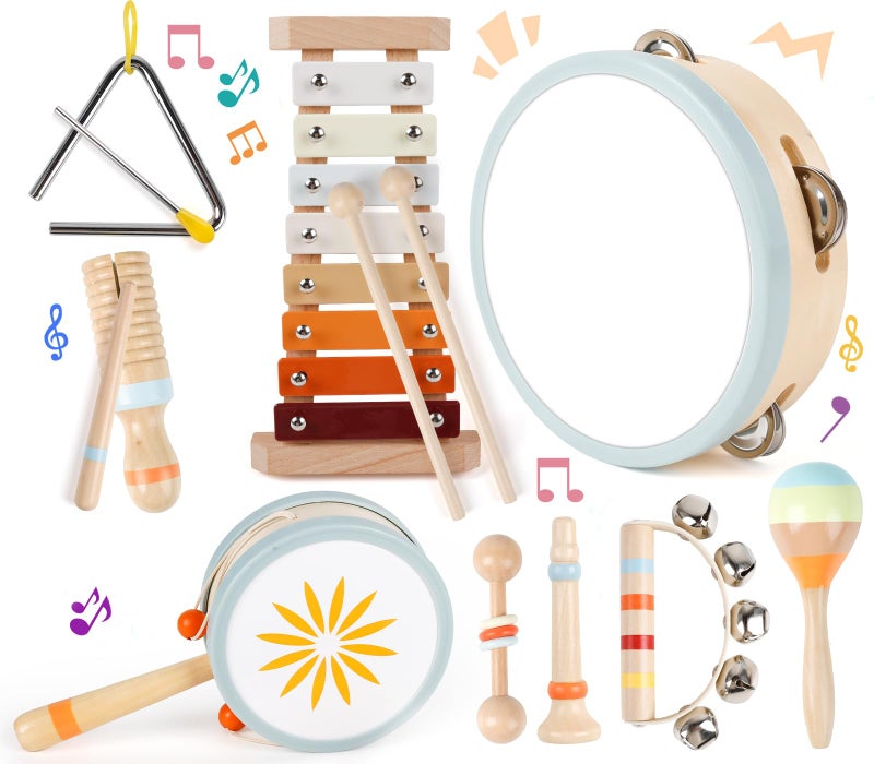 M SANMERSEN Wooden Toddler Musical Instruments Set 9PCS Kids Montessori Toys Baby Toys with Xylophone Drum Educational Gift for Ages 1 2 3 Year Olds - Image 3