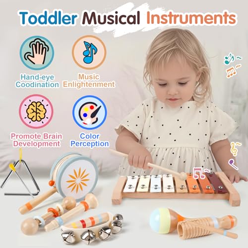 M SANMERSEN Wooden Toddler Musical Instruments Set 9PCS Kids Montessori Toys Baby Toys with Xylophone Drum Educational Gift for Ages 1 2 3 Year Olds - Image 5