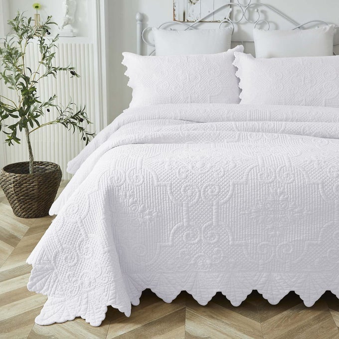 WHITE QUILT SET QUEEN SIZE COTTON ELEGANT SCALLOPED QUILTS FARMHOUSE COMFORTER SET MATELASSE BEDDING SET 3PIECE