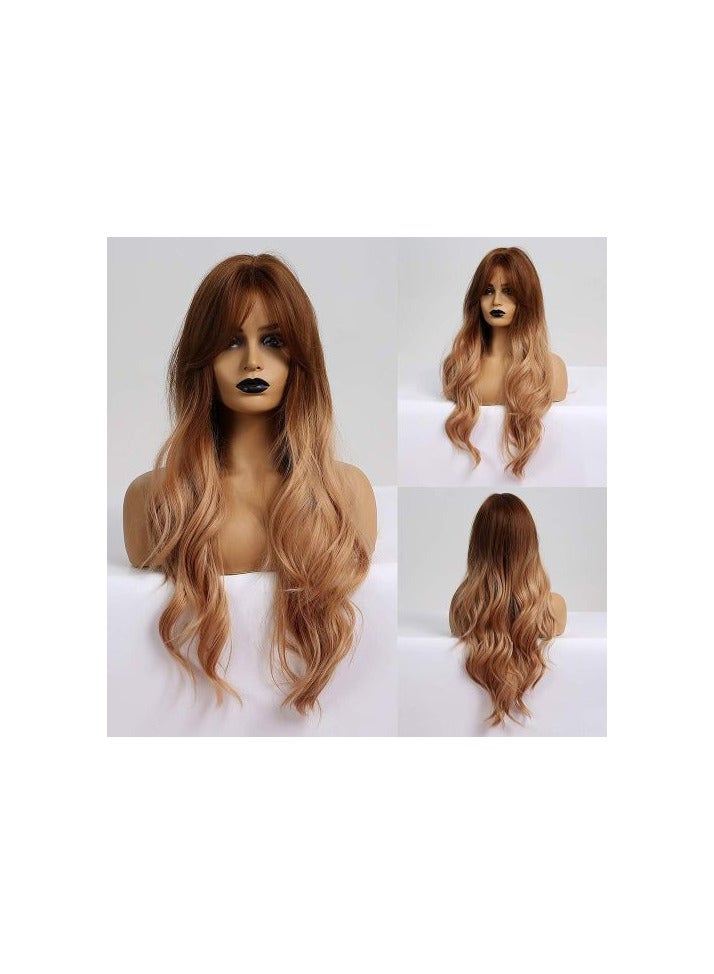 باروكة شعر صناعي طويل مموج لون ذهبي شعر حراري فايبر