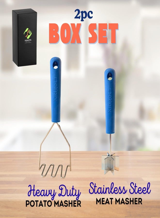 Xidgets Stainless Steel Meat Masher & Potato Masher Set - Heavy Duty Ground Beef Chopper, Tenderizer & Classic Masher with Soft Grip Handles - Durable Multi-Purpose Kitchen Tool Set (Lagoon Blue/Lagoon Blue) - Image 2