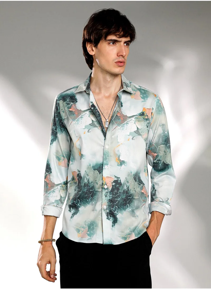 كامبوس سوترا Campus Sutra Men's Jungle Green Faded Bloom Shirt For Casual Wear | Spread Collar | Long Sleeve | Button Closure | Shirt Crafted With Comfort Fit For Everyday Wear