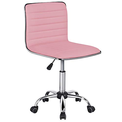 Yaheetech Pink Low Back PU Leather Ribbed Armless Office Chair Ergonomic Swivel Task Chair with Wheels for Women