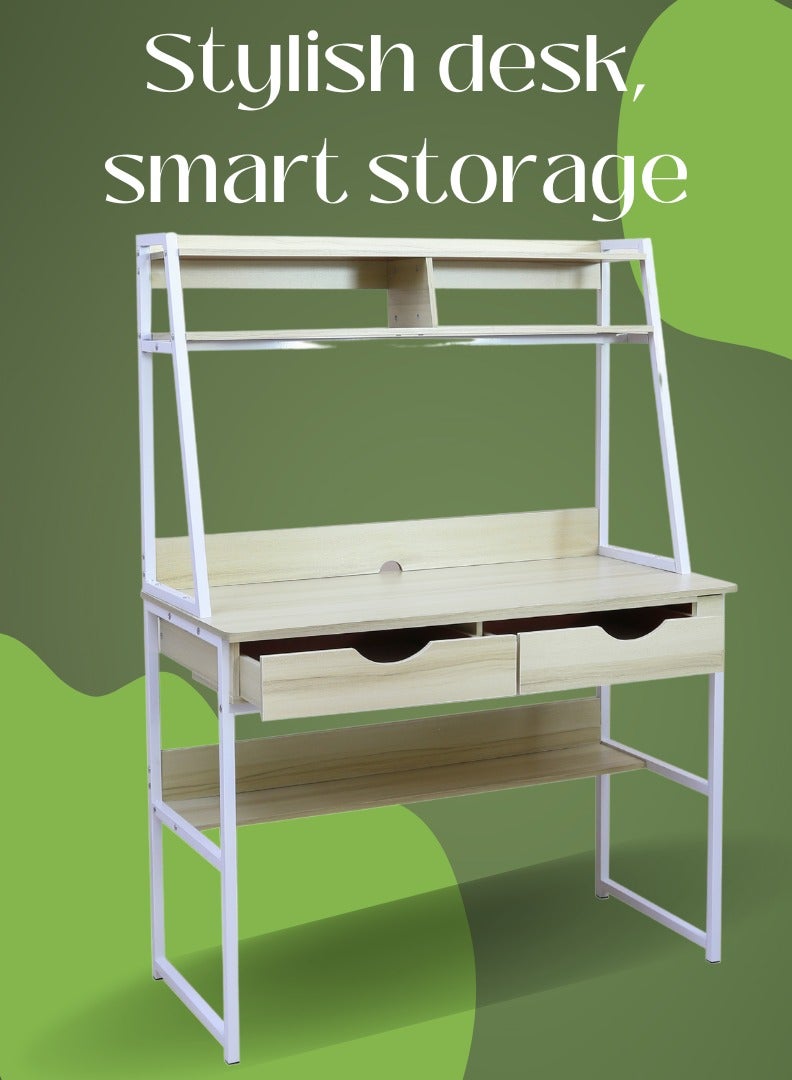 AFT Contemporary Multi-Tier Desk with Shelving, Drawers, and Metal Frame – Perfect for Home Office, Study, or Workstation Maple oak (Arfan) - Image 3