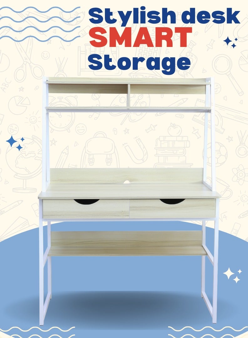 AFT Contemporary Multi-Tier Desk with Shelving, Drawers, and Metal Frame – Perfect for Home Office, Study, or Workstation Maple oak (Arfan) - Image 2