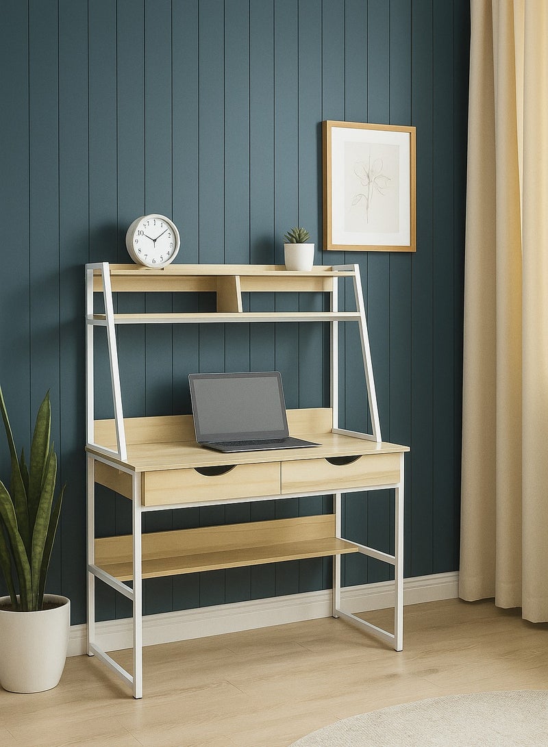 AFT Contemporary Multi-Tier Desk with Shelving, Drawers, and Metal Frame – Perfect for Home Office, Study, or Workstation Maple oak (Arfan) - Image 1