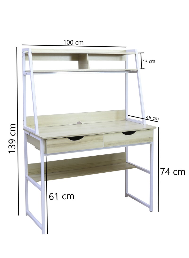 AFT Contemporary Multi-Tier Desk with Shelving, Drawers, and Metal Frame – Perfect for Home Office, Study, or Workstation Maple oak (Arfan) - Image 4