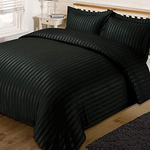 Lomezo 300 TC Cotton Satin Striped Double Queen Size Bedsheet with 2 Pillow Covers King Size Plain Premium Luxury Hotel Collection Solid Stripes - 90 x 100 (Black) - Image 1