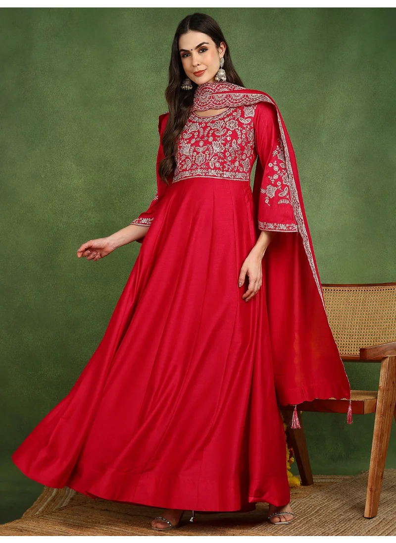 ZERESOUQ Pink Silk Blend Embroidered Anarkali Gown with Dupatta