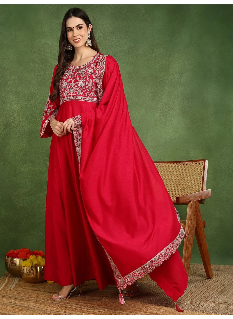 ZERESOUQ Pink Silk Blend Embroidered Anarkali Gown with Dupatta