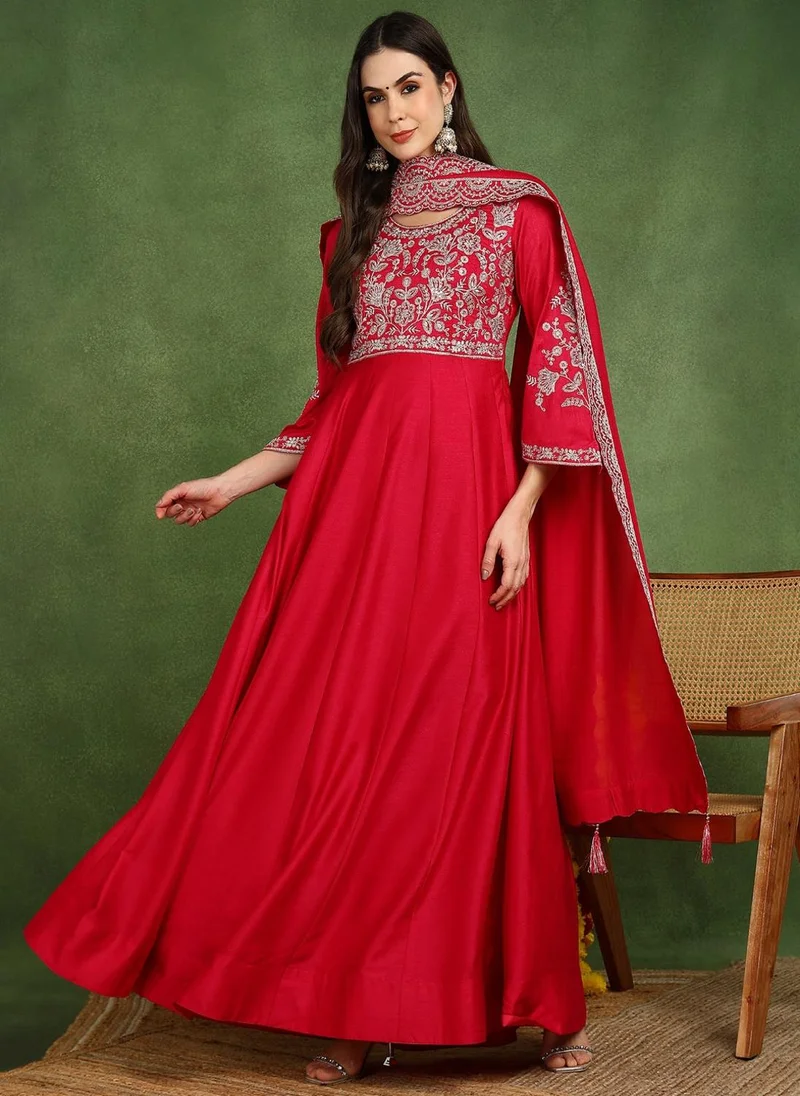 ZERESOUQ Pink Silk Blend Embroidered Anarkali Gown with Dupatta