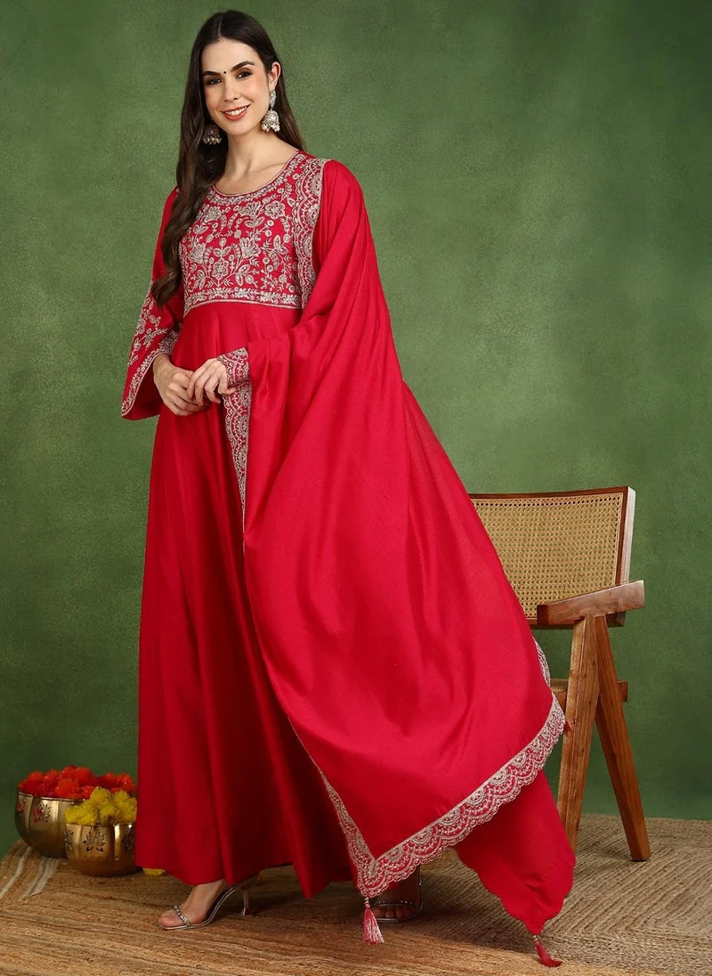 ZERESOUQ Pink Silk Blend Embroidered Anarkali Gown with Dupatta