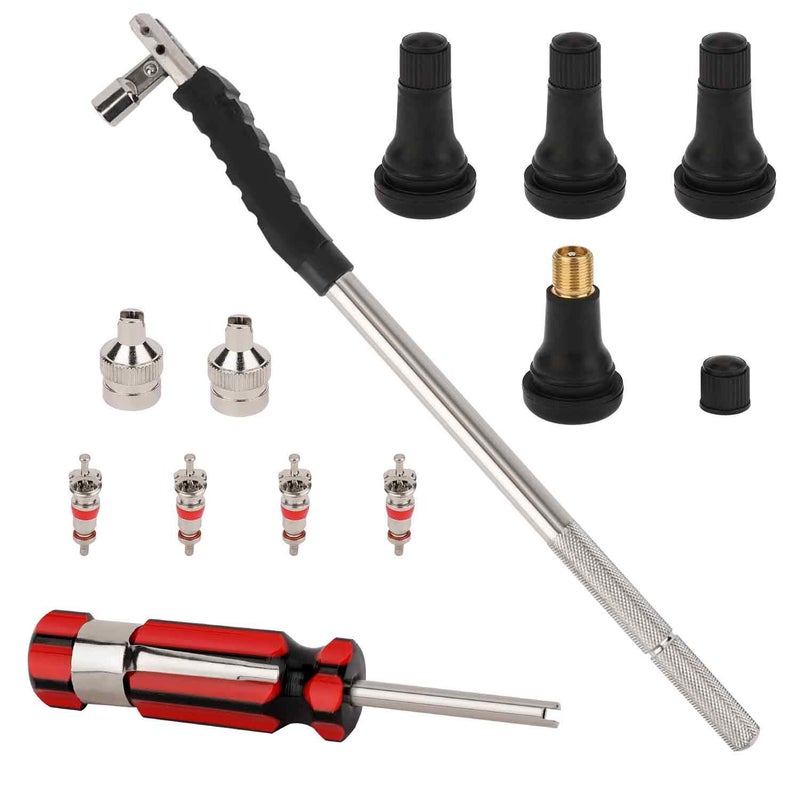 مجموعة أدوات سحب وتركيب صمامات الإطارات Hromee 4 قطع TR413 صمامات بدون أنبوب مع نوى صمامات رأس أحادي مزيل نوى الصمام وغطاء صمام ذو شق