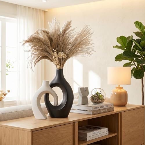 Liotww XL Black and Beige Snuggle Hollow Ceramic Vase Set of 2 for Coffee Table Decor, Modern Minimalist Aesthetic Donut Floral Vases, for Home Living Room Entryway Table Shelves Decorative - Image 4
