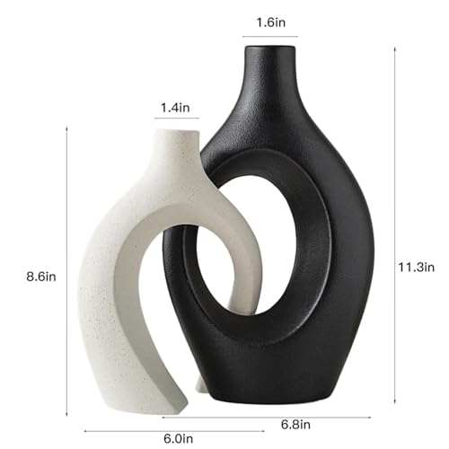 Liotww XL Black and Beige Snuggle Hollow Ceramic Vase Set of 2 for Coffee Table Decor, Modern Minimalist Aesthetic Donut Floral Vases, for Home Living Room Entryway Table Shelves Decorative - Image 2